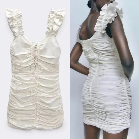 NWOT!! ZARA DRAPED LINEN BLEND ECRU CREAM RUFFLE MINI DRESS. - Picture 3 of 10